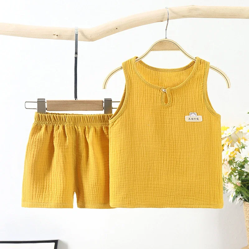 Summer New Gauze Cotton Boys And Girls Tank Tops + Shorts Suit Korean Children\'s Baby Home Clothes Infant 2pcs Sets