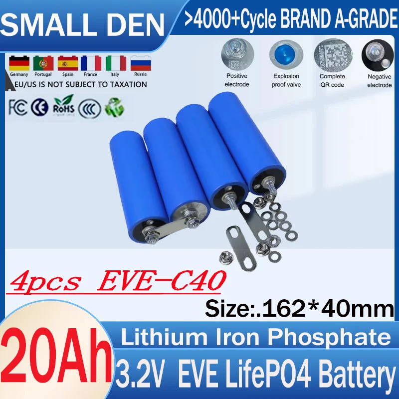 

4PCS New 3.2V 20Ah C40 Lifepo4 Rechargeable Battery 22000mAh Grade A Cells DIY 4S 12V 24V E-scooter Solar LED light Power too