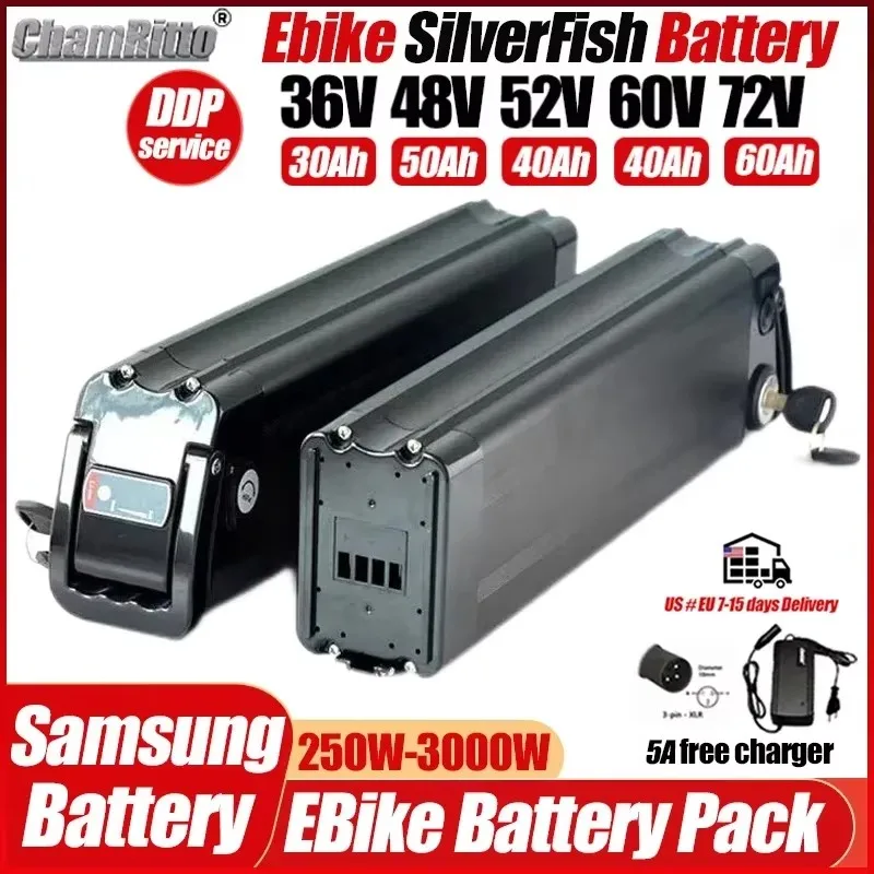 36v 48v 52v Electric Bicycle SilverFish Akku 60v72v 20 24ah 30ah 40ah 50 60ah Battery E-bike Bafang 1000w 2000w Lithium Batterie