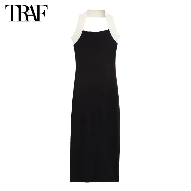 TRAF Black Halter Midi Dress Women Bodycon Summer Dress Woman 2024 Sexy Backless Long Dresses for Women Beach Corset Dress Women