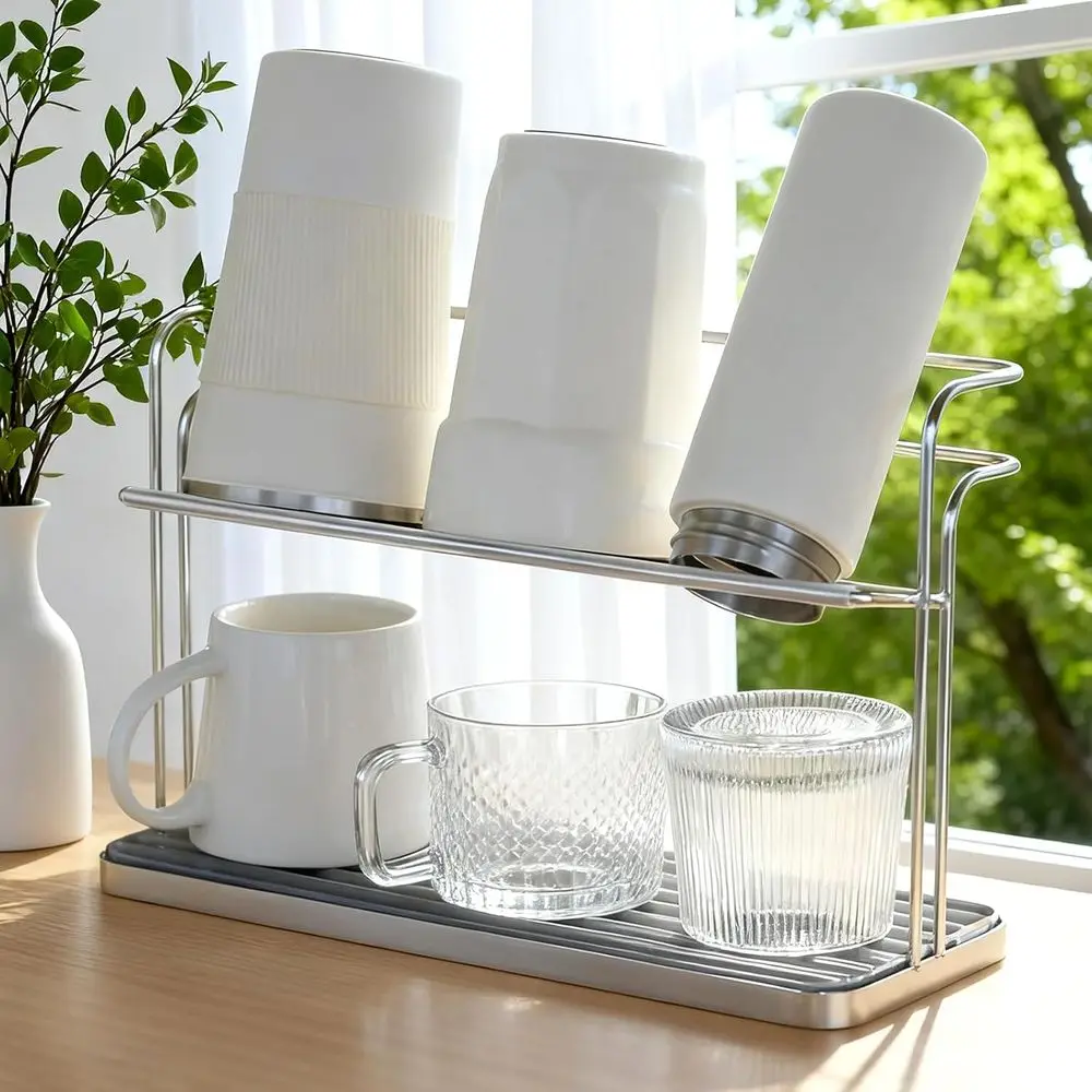 

Bottle Drying Rack,Coee Mug Holder with Drain Tray or Coee Cup,Water Cup(Silver)