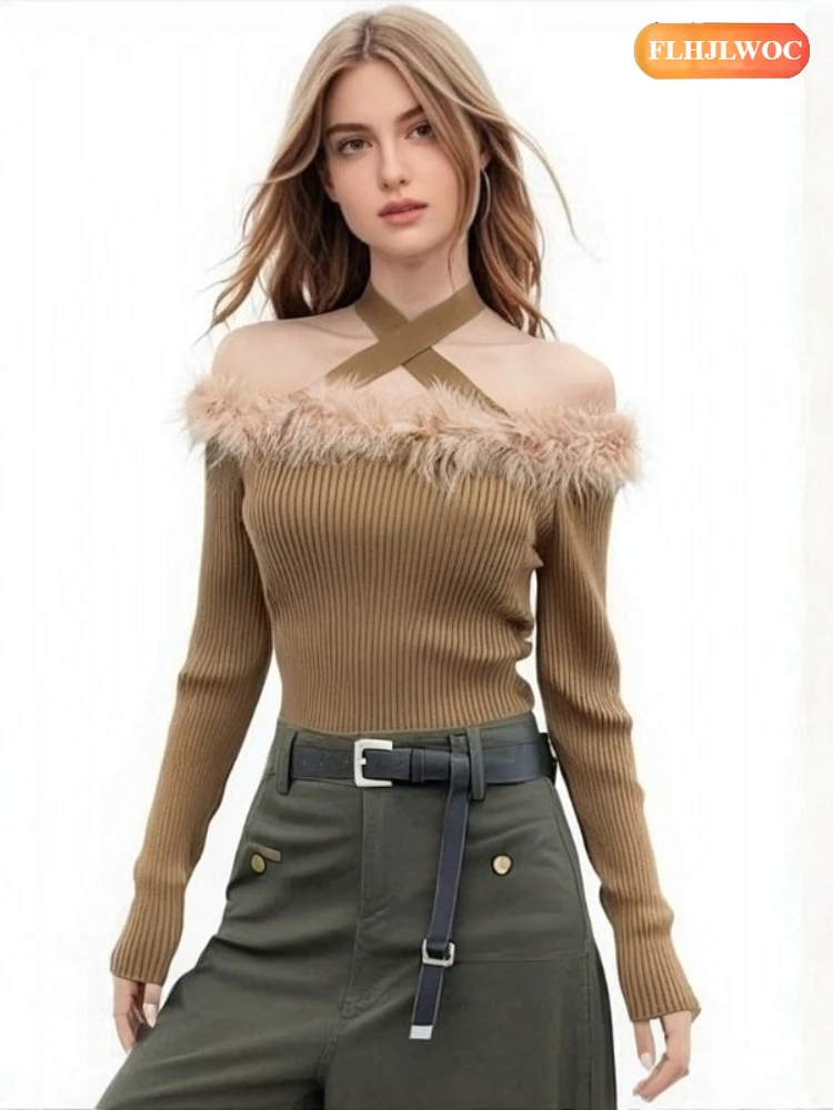 

Off Shoulder Short Crop Tops Knitted Jumpers Cute Girls Woman FLHJLWOC Brand Fashion Slim Fitted Solid Sexy Halter Top Sweaters