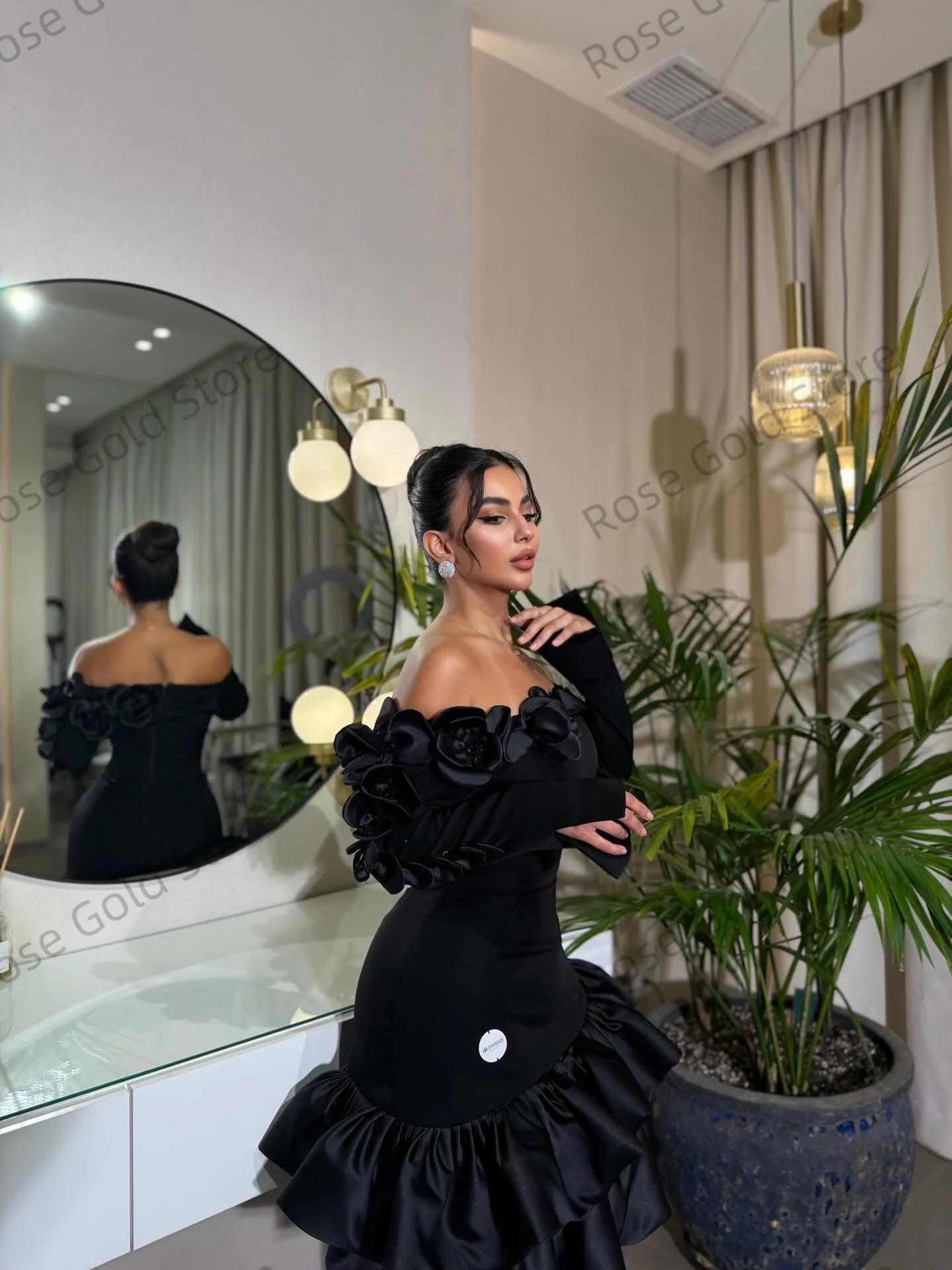 فساتين سهرة سوداء على شكل حرف A مزينة بالزهور مكشوفة الكتف وأكمام طويلة من فيستدو دي فييستا فستان قصير للحفلات الراقصة #4