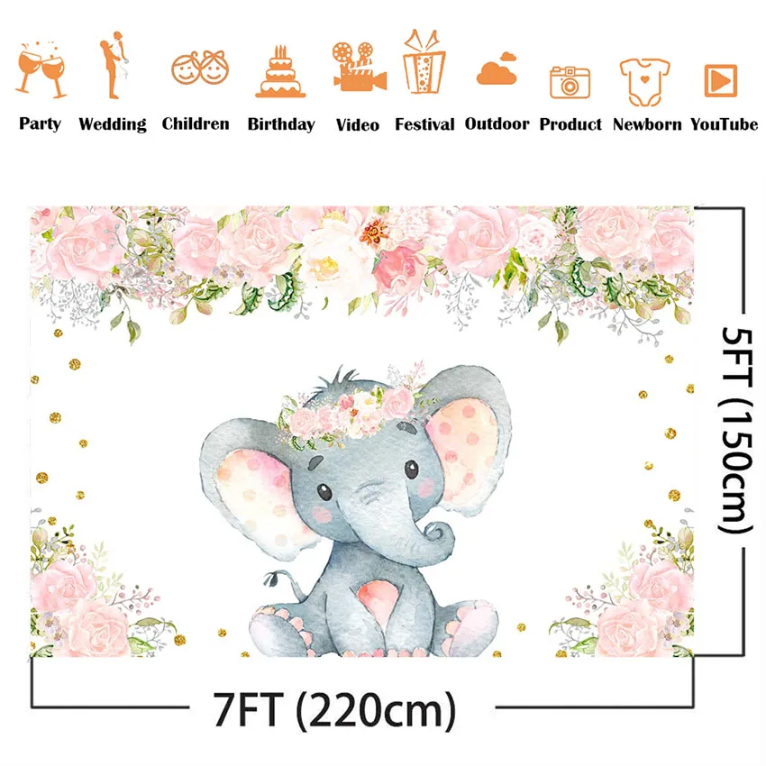 Elephant flower backdrop pink girls gender reveal birthday party background decoration supplies newborn baby shower theme party