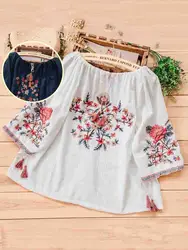 Ethnic Vintage White Blue Floral Embroidered Blouses for Women Loose 3/4 Lantern Sleeve Shirt Women Casual Cotton Linen Tops