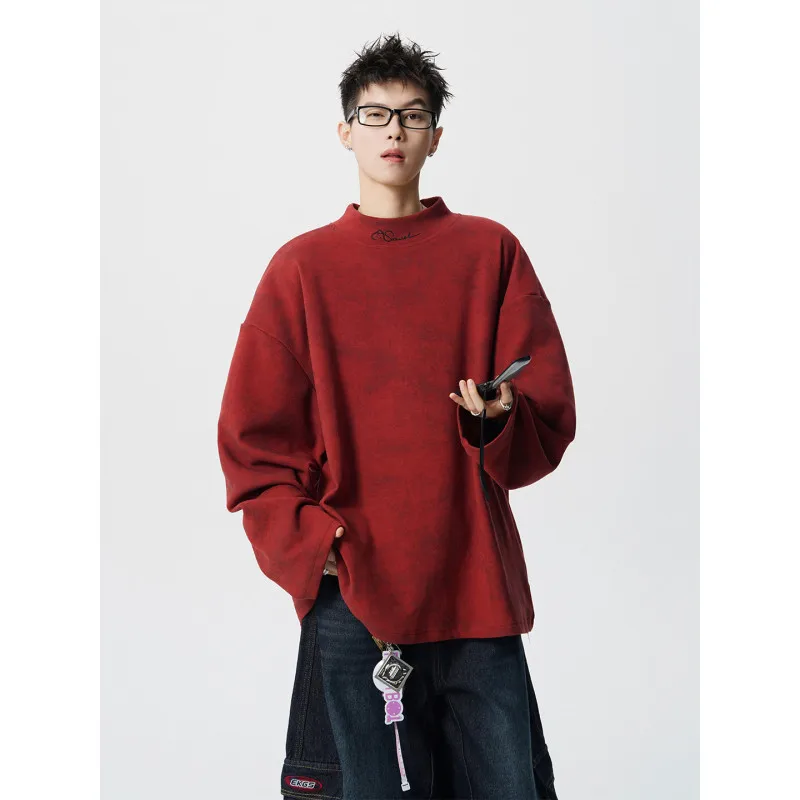 M-XXXXXL Semi-Turtleneck Embroidered Tie-Dye Velvet Thermal Underwear Plus Size Warm Base Layer Tops for Men Women Loose Fit Top