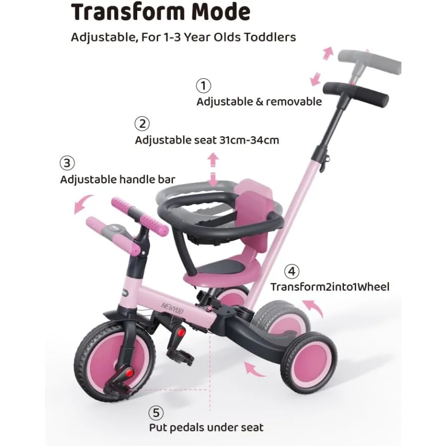 Triciclo para niños pequeños de 1 a 3 años, bicicleta para niños pequeños, triciclo 5 en 1 con mango de empuje, regalo de Navidad y cumpleaños y juguete para niñas, convertir t