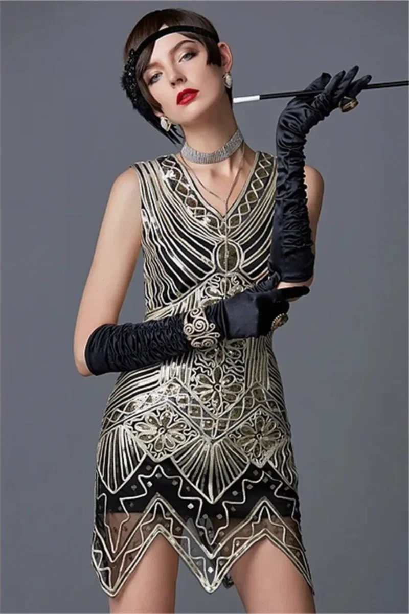 Neue sexy Frauen Perlen Abend 1920s Pailletten Dreieck Saum ärmellose Goldfaden Stickerei Quaste Gatsby Party kleid plus Größe