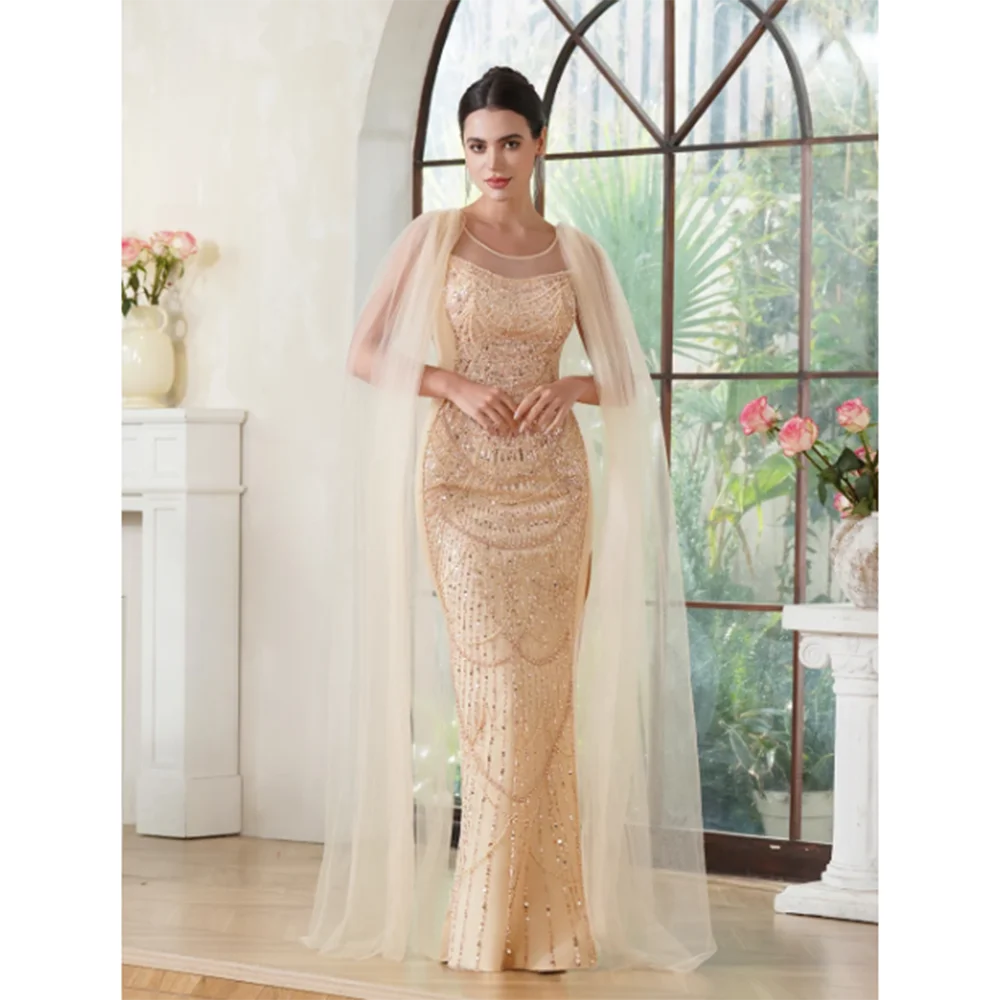 

Exquisite Formal Evening Party Dresses O-Neck Full Sleeves Floor Length Straight Shiny Beading Luxury Women Banquet Prom Gowns