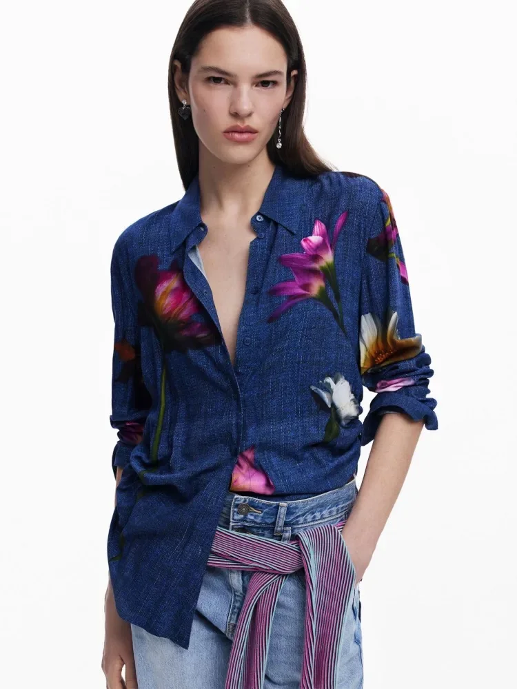 

European, American, Spanish original single women's shirt floral print design square neck loose long sleeved shirt 2025