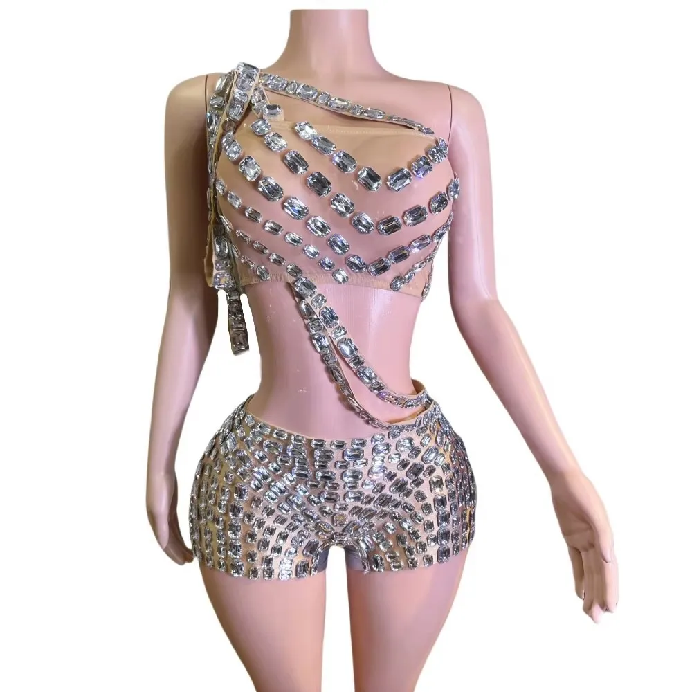 Top da festa sexy Gonna Costume da spettacolo Strass brillanti Crop Rave Outfit Set da 2 pezzi Compleanno Club Show Stage Wear