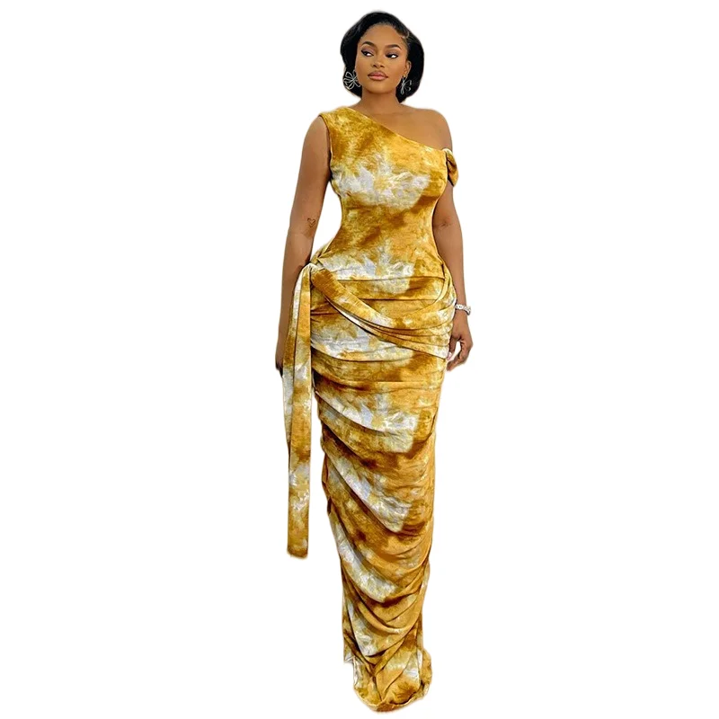 Women's One-Shoulder Diagonal Collar Sleeveless Ribbons Bandage Pleated Hips Wrapped Long Dress
