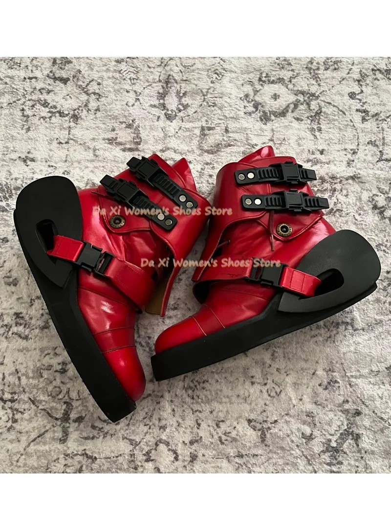 Red Patent Ankle Boots Techwear Multi Buckle Strap Cut Out Hollow Platform Sole Boots Y2K Gothic Motorcycle  red Women's Boots