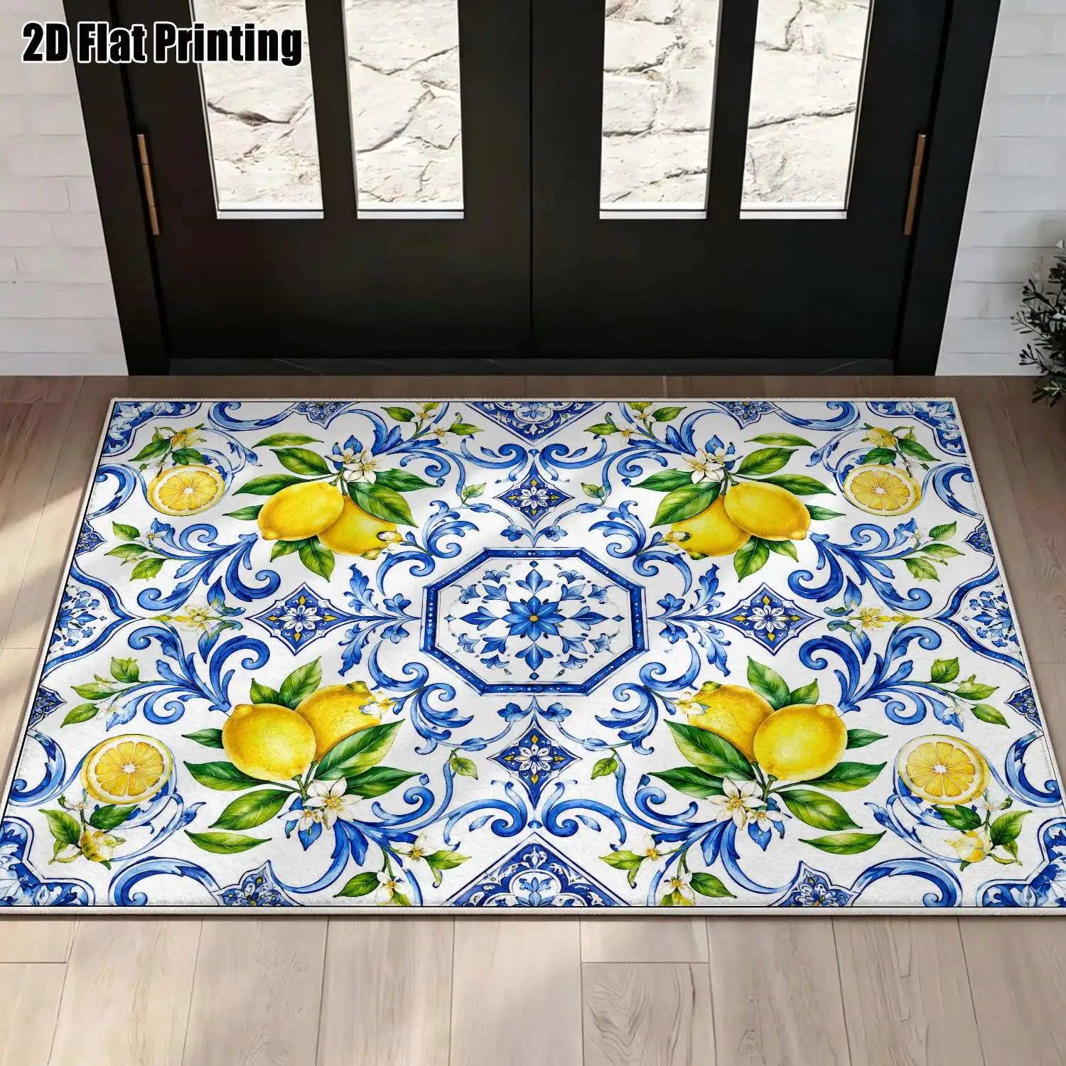 1Pc 2D Printed Blue White Lemon Velvet Carpet, European Retro Geometric Decor, Multi-Size Machine Washable, for Home Decoration, Multi-Scene Use