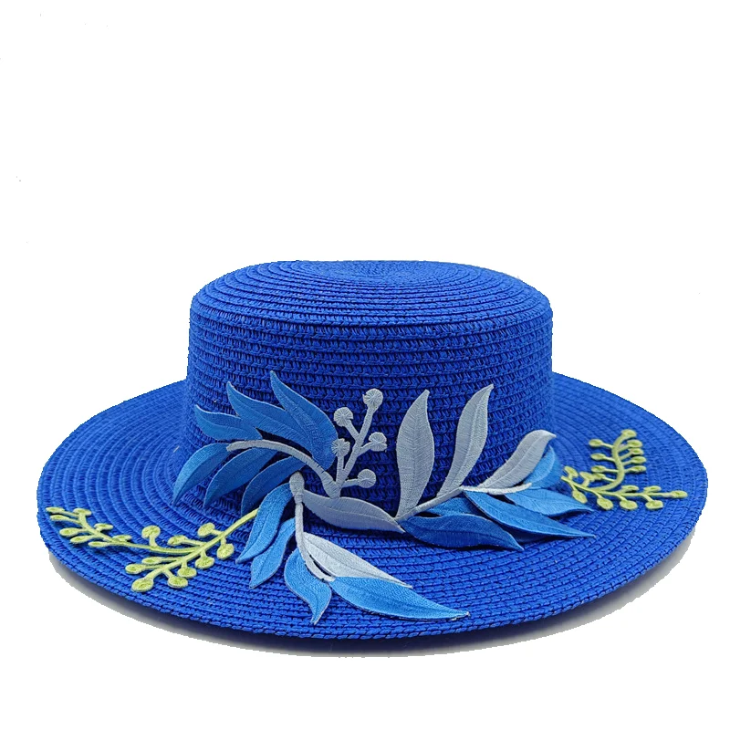 Summer straw hat embroidered leaf flat top men's and women's straw hat sun hat beach hat blue flat top straw hat кепка мужская