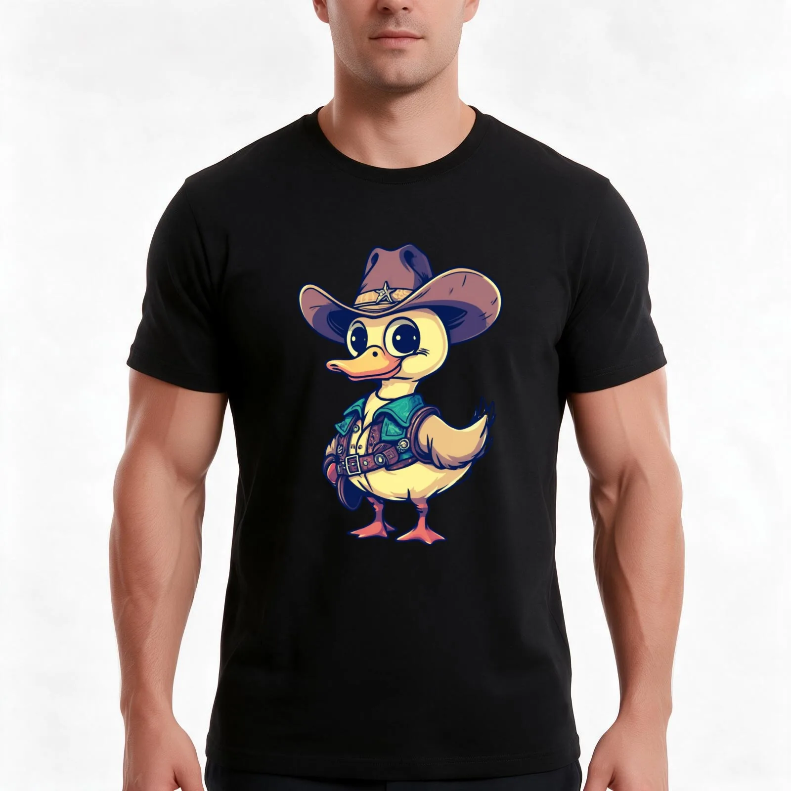Cowboy sheriff duck T-Shirt, Summer Casual Cotton Tee, Oversized Streetwear Tops, Vintage Graphic Print, Loose Fit Short Sleeve