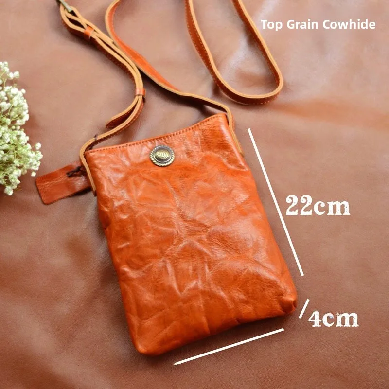 

New Men's Genuine Leather Phone Bag Calfskin Crossbody Key Storage Bag Vintage Tanned Leather Shoulder Small Bag Folded Design