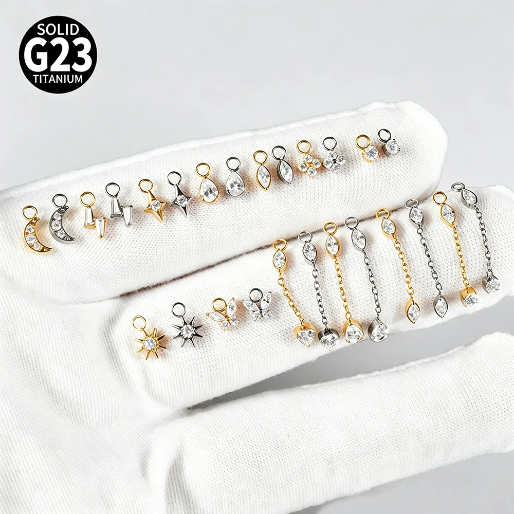 13-1PCS F136 Titan Ohrschmuck mit verschiedenen CZ-Stern-Anhängern für Ohrloben, Hänge- und Huggie-Ohrringe, zierlicher Blumenanhänger mit Kette – Detail 4