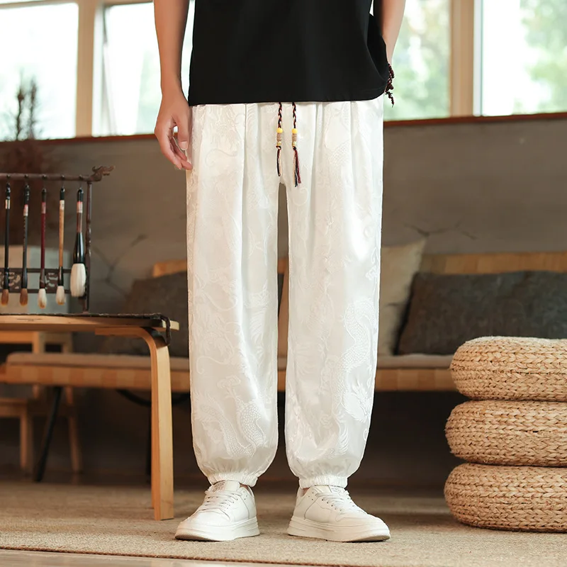 Neue männer Casual Hosen Japan Stil Lose Hosen Sommer Eis Seide Drachen Dunkle Blume Hosen Outdoor High Street Casual Kordelzug – Detail 4