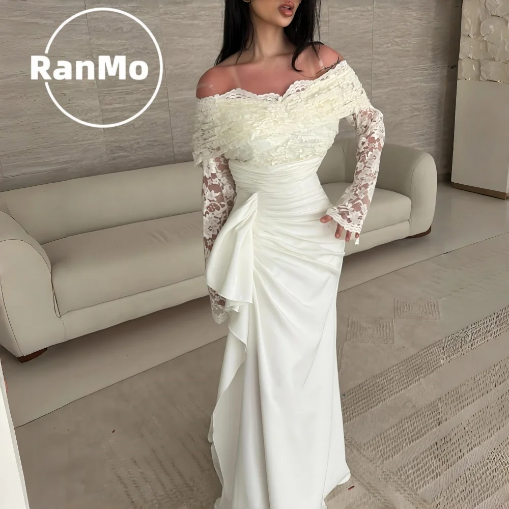 

Ranmo Customized Saudi Prom Dresses Off Shoulder Lace Formal Occasion Evening Dresses Women Party Dresses Long Sleeves