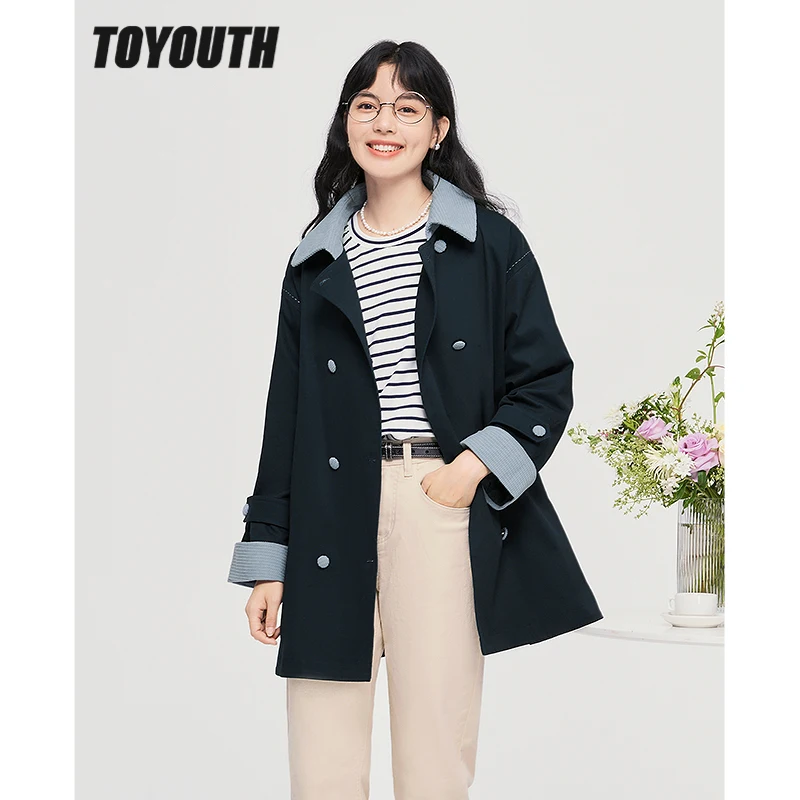 

Toyouth Women Trench Coat 2022 Autumn Long Sleeve Turndown Collar Loose Windbreaker Solid Mid Length Classic Outwear