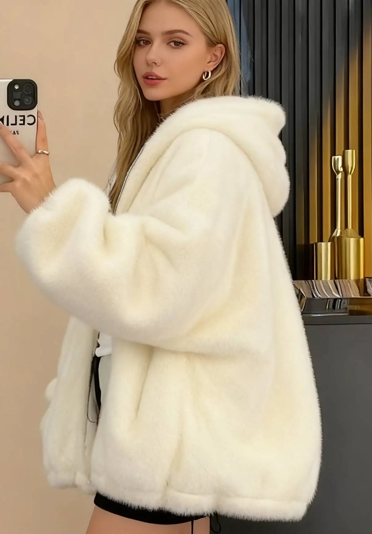 سترات نسائية شتوية من فراء الأرنب الحقيقي شيربا مزينة بالألماس بطبقات مزدوجة مع سحاب كامل وياقة مدورة للمكتب كاجوال