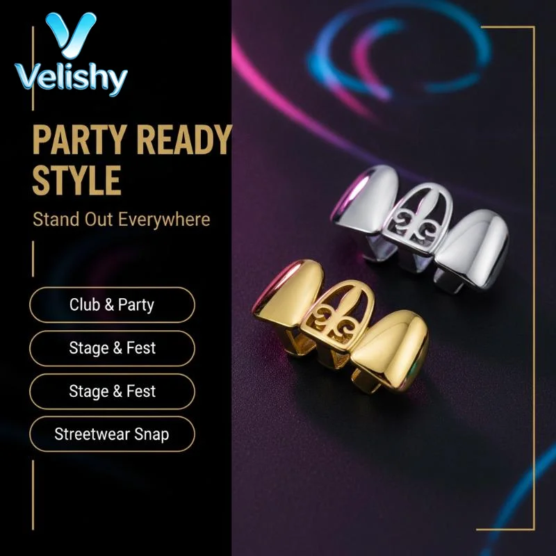New Arrival Gold Plated Hollow 3 Tooth Upper Teeth Grillz Hip Hop Rapper Jewelry Men Women Cosplay Party Accessory