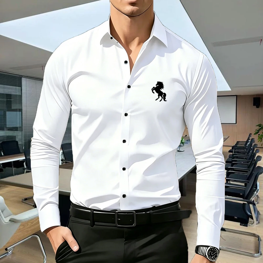 

Men's Premium Business Casual Shirt with Horse Logo Print, Slim Fit Long Sleeve Wrinkle Resistant Dress Shirt, 5-Color Available