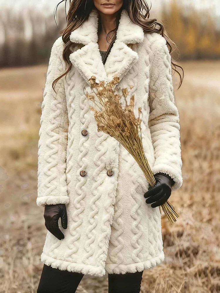 Winter dikke jacquard damesjas eenvoudig effen kleur dubbele rij knopen ontwerp wollen jas casual rechte bovenkleding met lange mouwen