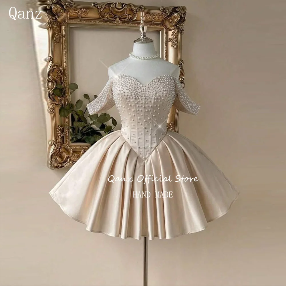 

Qanz Champagne Satin Mini Prom Dress Off Shouder Short A Line Homecoming Dresses Pearls Backless Vestidos De Festa Customized