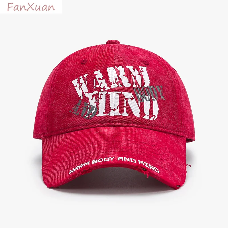 Washed Cotton Unstructured Baseball Cap WARM MIND Printed Distressed Unisex Dad Hat