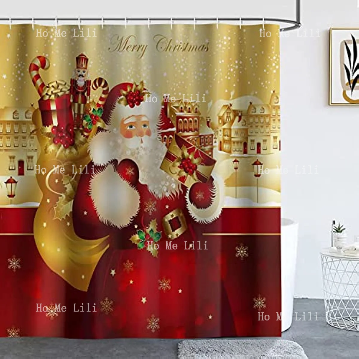 4 Pieces Christmas Bathroom Curtain Set Waterproof Fabric Shower  Non Slip Carpet Bath Rug And Toilet Tank Cover