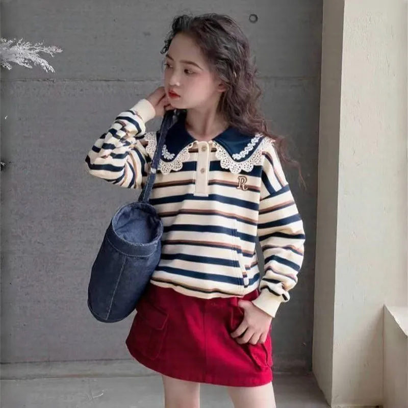 

Kids Girls' Spring Sweater 2026 New Style Middle and Large Children's Stylish Doll Collar Striped Sweater Top