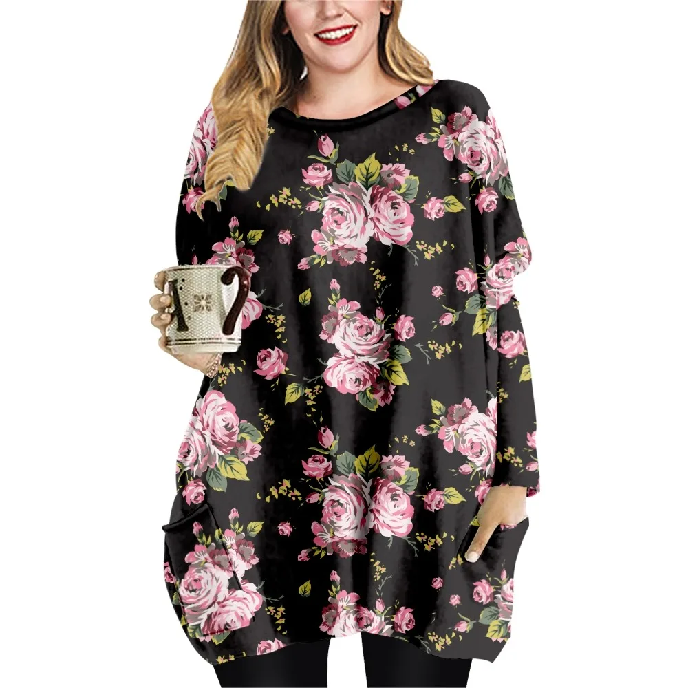 NEUE Rosen Druck Frühling Herbst Lose Beiläufige Stil Damen T-shirt Doppel Tasche Kleid Rundhals Langarm Kleid