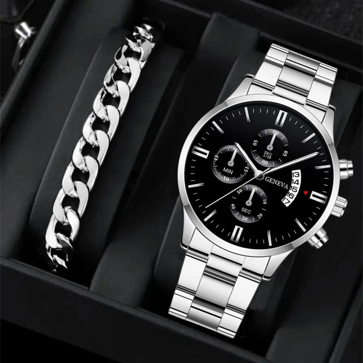 Relógio Calendário Masculino, Pulseira de Aço, Conjunto Empresarial, Moda, Esportivo, Moda Clássica