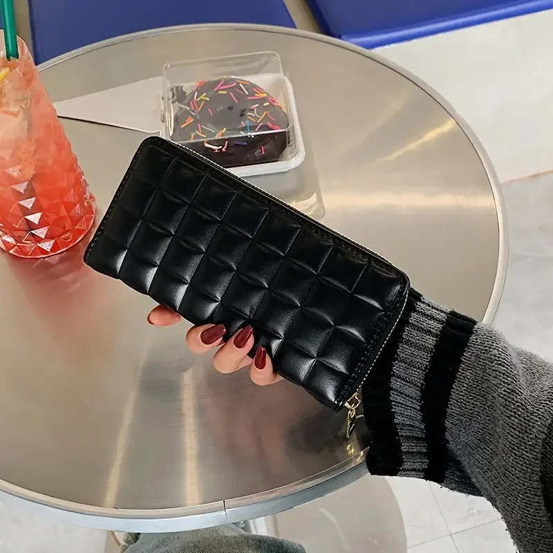 Quilted Detail Long Wallet, Women's Fashion Zip Around Wallet With Multiple Card Slots & Zipper Pocket