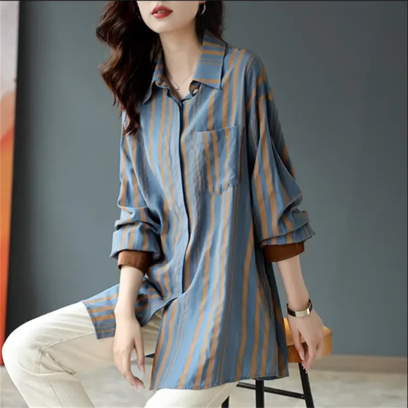 Loose Striped Blouse Cotton Shirt Women Shirts POLO Collar Cardigan Pocket Shirt Outer Tops Spring Autumn Woman Clothes Blous