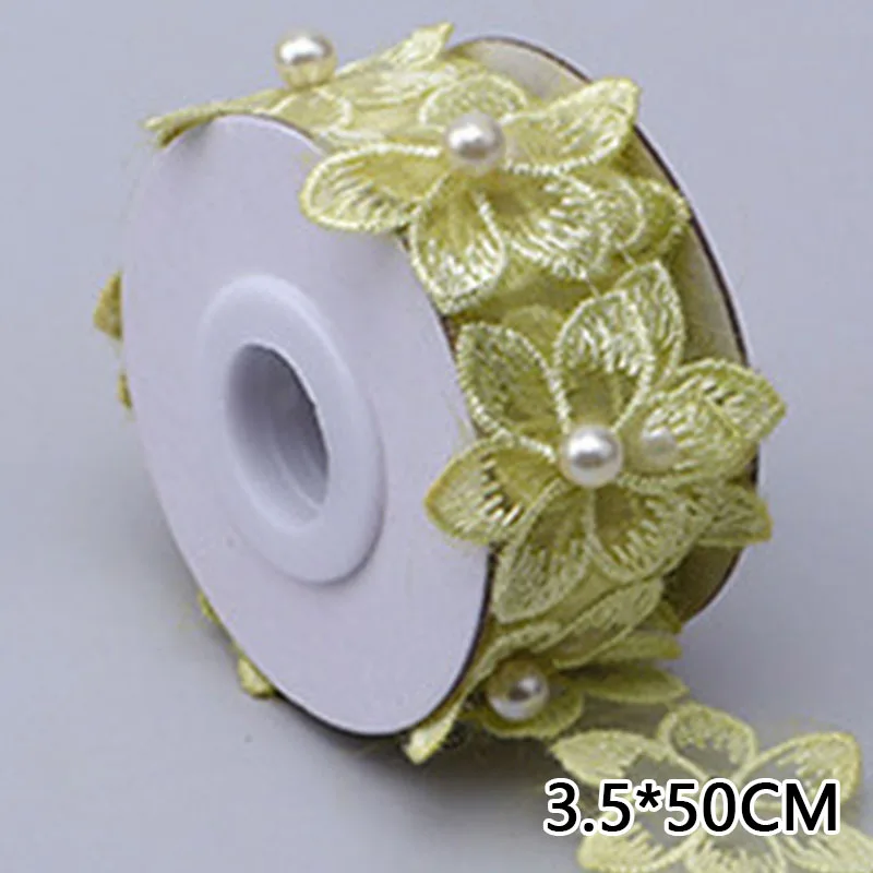 3.5x50cm Handmade Flower Pearl Beaded Ribbons Embroidered Flower Lace Ribbon Fabric For DIY Dress Clothing Sewing Accessories