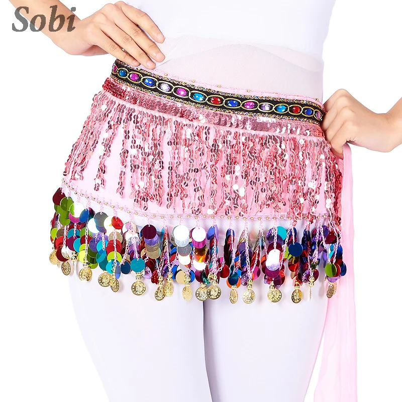 Sequins Tribal Belly Dance Hip Scarf Adult Women Glitter Tassel Hip Waist Skirt Oriental Dance Fringe Hip Belt with Rhinestones