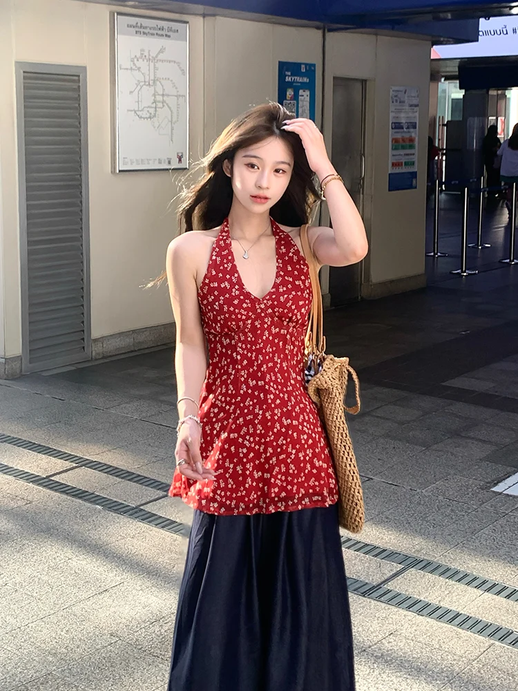 

Женский утягивающий топ Adan Red с цветочным принтом, белый, с V-образным вырезом, летний, в корейском стиле, с поясом, средней длины