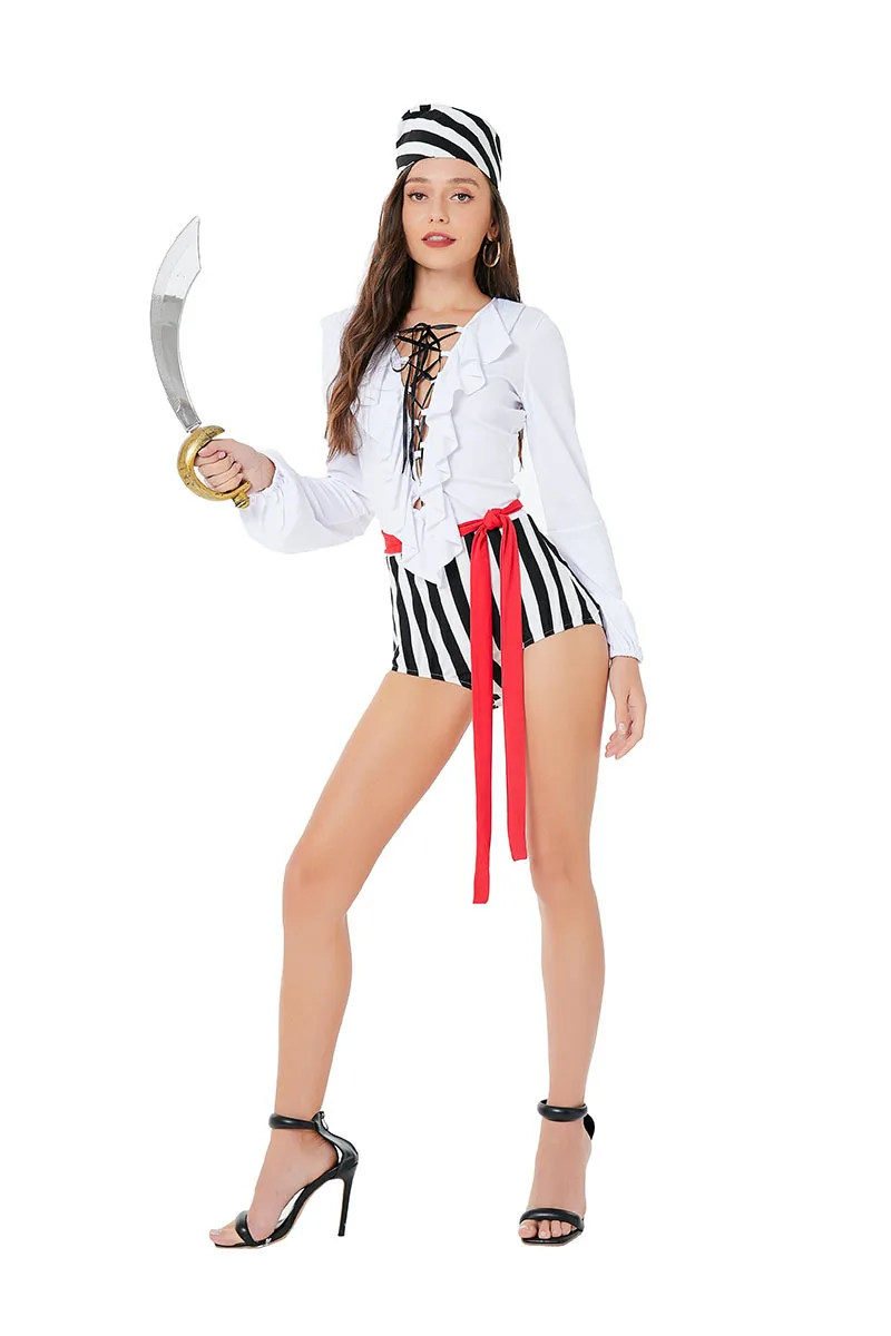 Neue Ankunft Pirate Lady Kostüm Outfit Modest Stil Overall mit Gürtel und Kopfschmuck Anzüge für Sexy Frauen