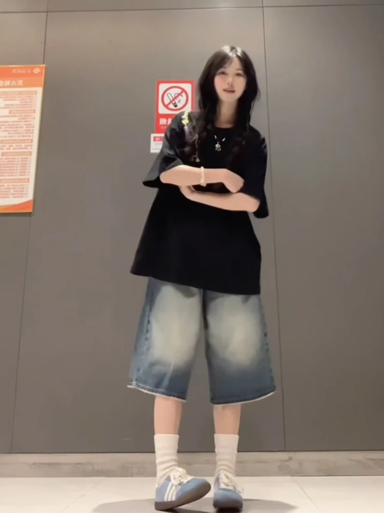 American High Street Seven-Foot Women's Jeans Summer High Waist Slimming Vintage Waed Straight ort Pants Five-Foot Medium...