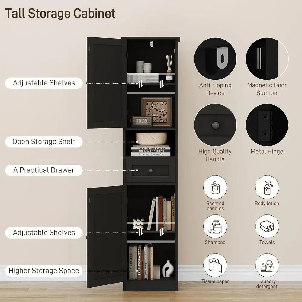 67 Высокоокремочный шкаф для ванной комнаты с 2 дверцами, 1 ящиком, 5 полками, открытым хранилищем, черный