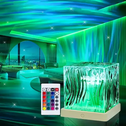 Ocean Wave Projector Light 16Colors Remote LED Aurora Night Light Home Office Water Ripple Crystal Lamp for Decorative Kids Gift