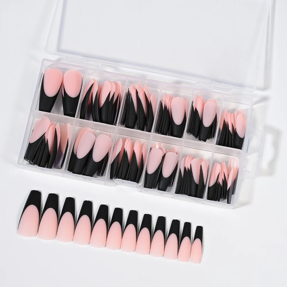 120Pcs*1Box French Tip Press on Nails Matte Pink Black Edge Medium Square Fast Gel Nail Tips Full Cover Ballet False/Fake Nails