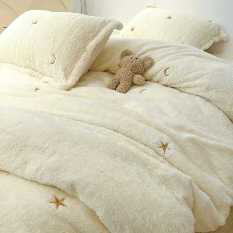 4Pcs Cream White Fluffy Warm Berber Fleece Star Bear Embroidery Bedding Set Short Plush Duvet Cover Blanket Bed Sheet Pillowcase