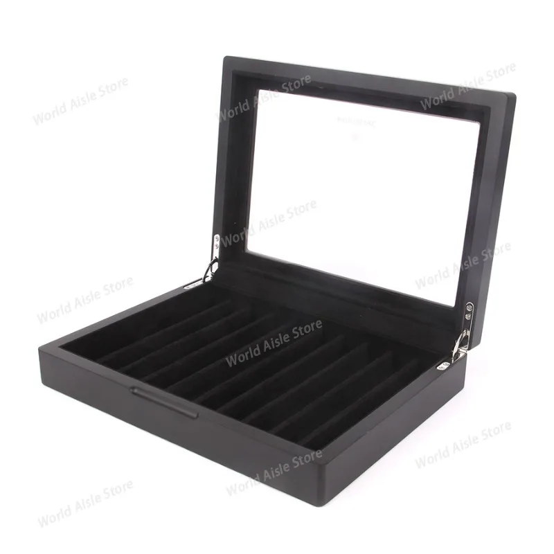 Wooden Pen Storage Box, 10 Black Matte Pen Box, Gift, Flip-top Transparent , Display