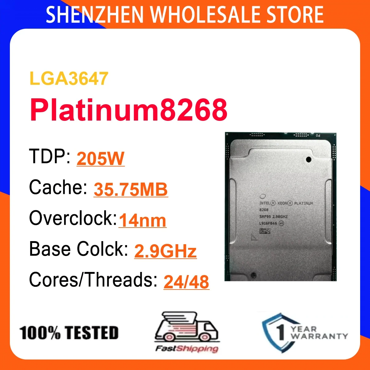 Intel Xeon Platinum8268 24 Core 48 Thread 2.9GHz 205W 35.75MB Cache 14nm Cascade Lake-SP DDR4-2933 MHz SRFND LGA3647