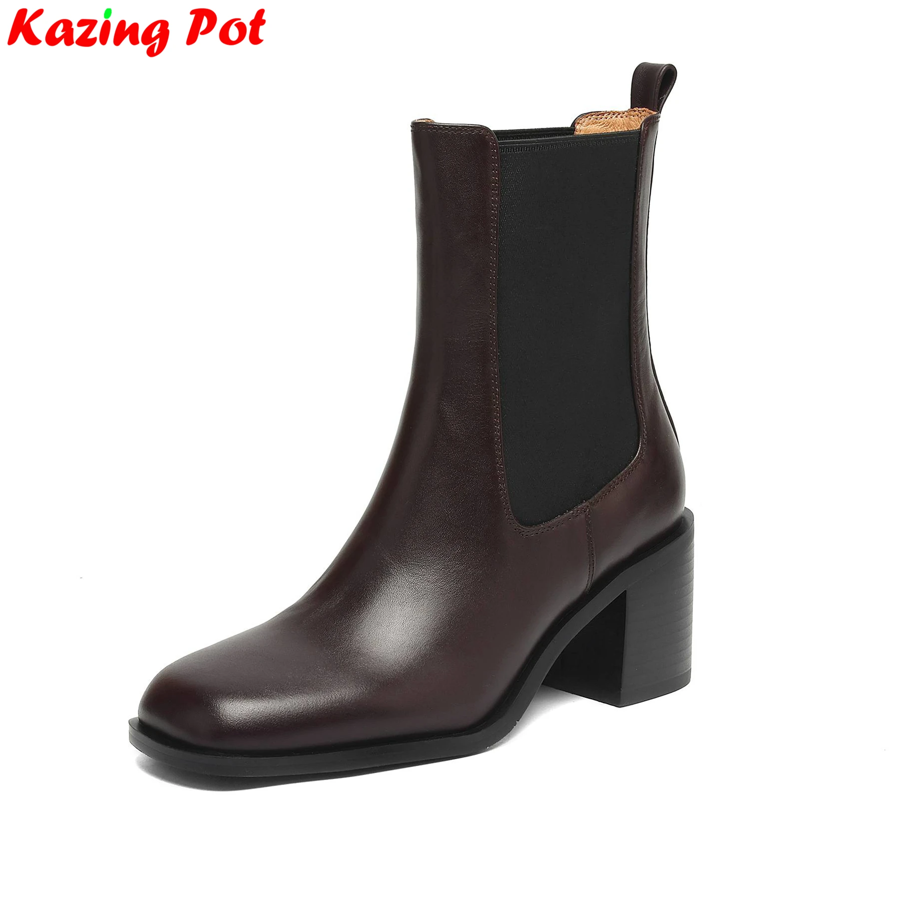 

Plus Size 34-42 Cow Skin Chunky High Heels Modern Chelsea Boots Warm Winter Autumn Shoes Concise Dating Ins Women Mid-calf Boots