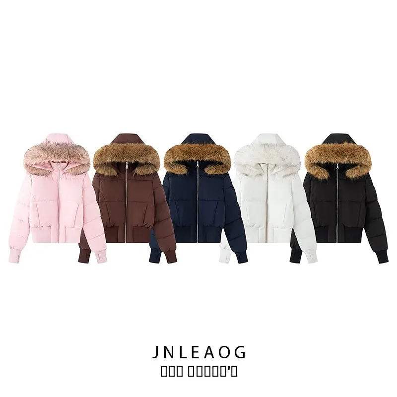 

Faionable Warm Hooded Zipper Cotton Jaet Women's Street Sle Straight Cut Long Sve round Ne Coat with Fur Collar